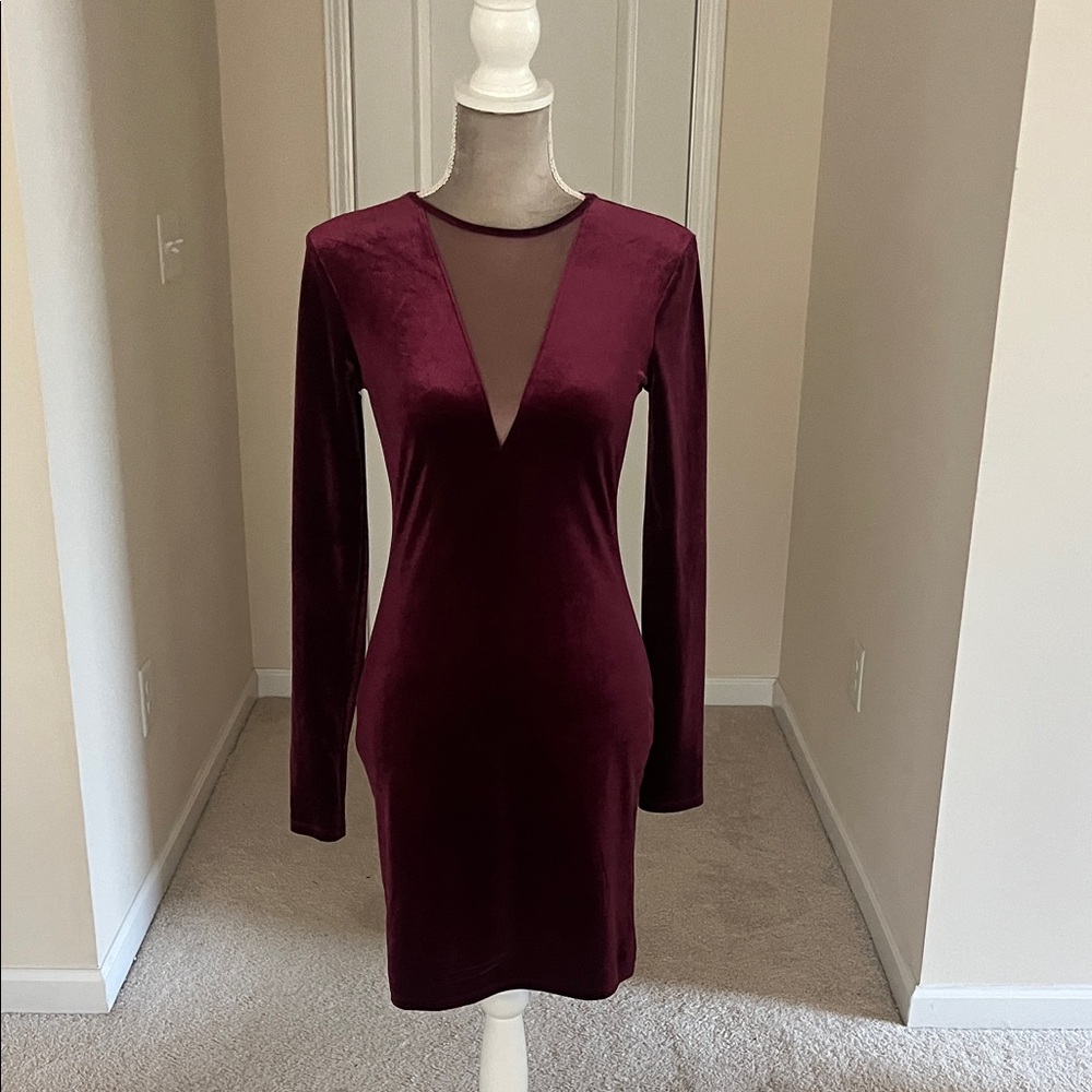 Forever 21 Burgundy Velvet Long-Sleeve Bodycon Dress with Sheer V-Inset